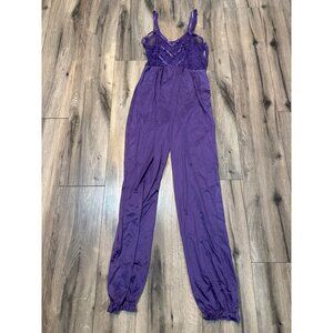 Vintage Purple Lace & Satin Womens Jumpsuit Medium Shadowline Wear Delicate Slee